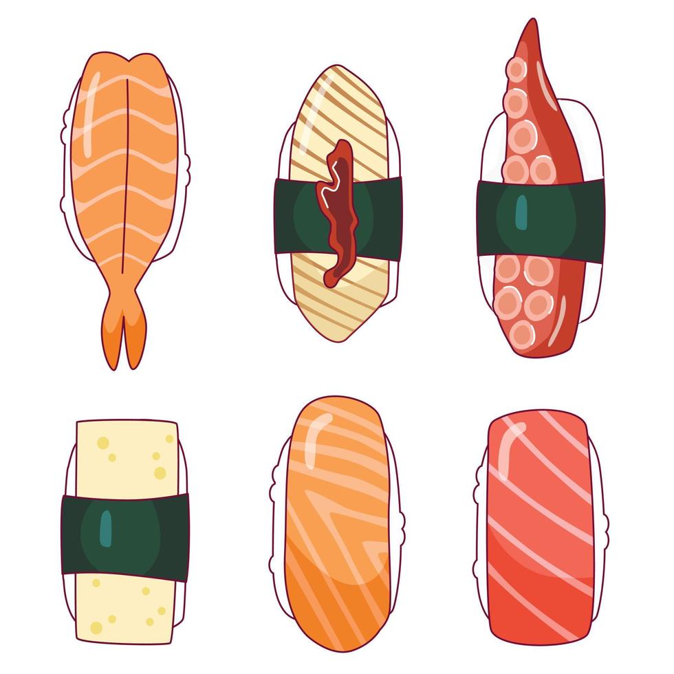 verschiedene Sushi und Nigiri. Ansicht von oben. hand gezeichneter farbiger vektorsatz. japanischer Cartoon-Stil. trendige abbildung. vektor