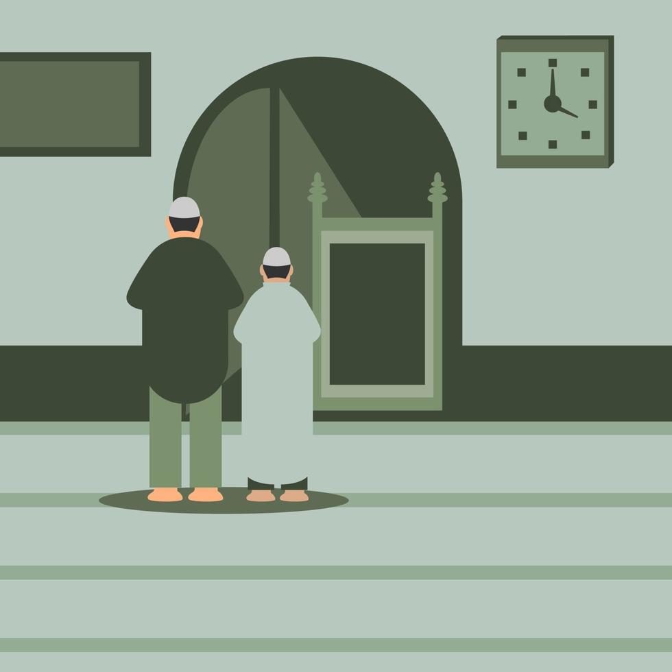 Vater und Sohn beten gemeinsam in der Moschee. vektor