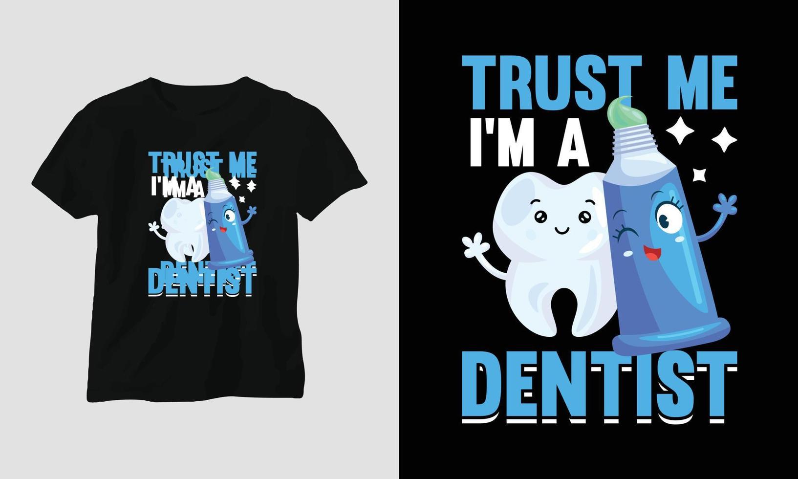 vektor tandläkare t-shirt eller affisch söt design med tecknad serie tand, dental element, etc.