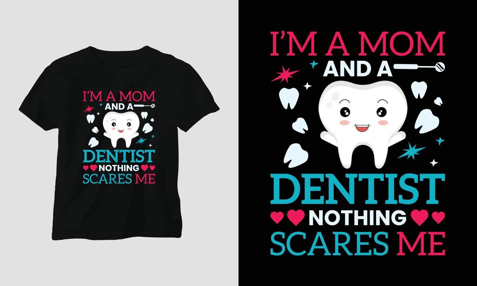 vektor tandläkare t-shirt eller affisch söt design med tecknad serie tand, dental element, etc.
