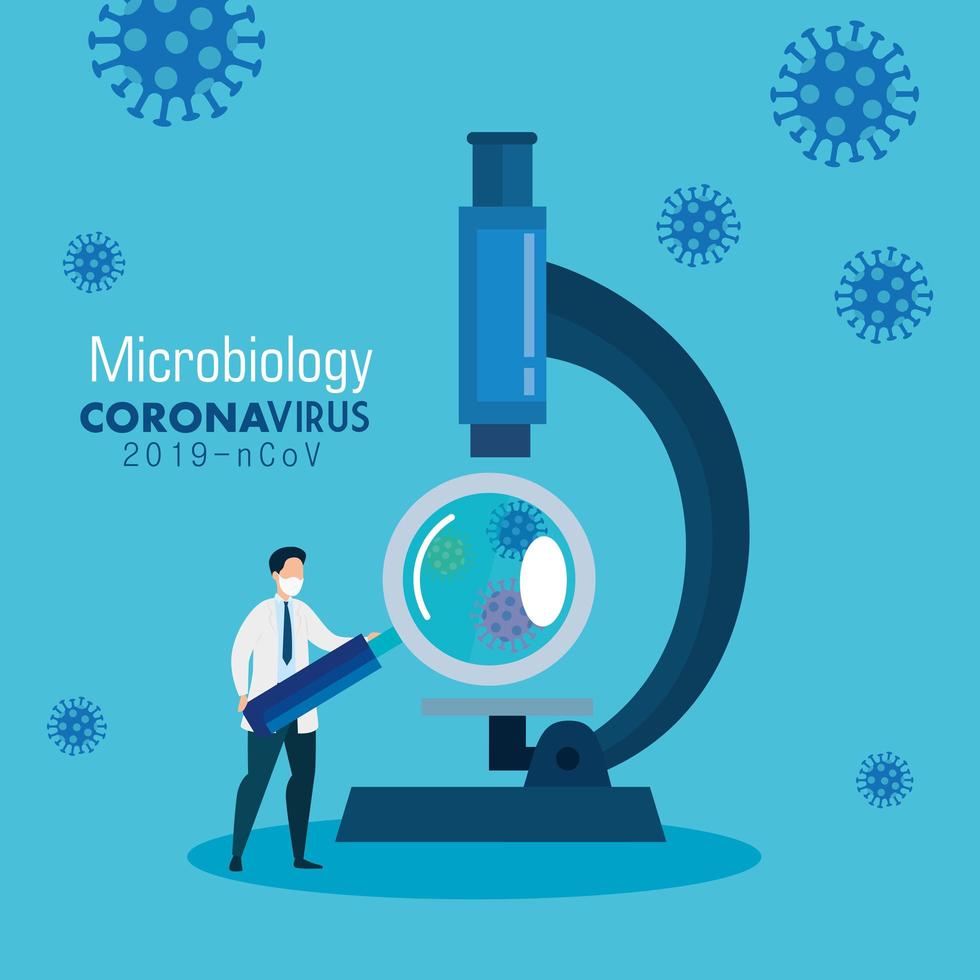 mikrobiologi för covid 19 med läkare och mikroskop vektor