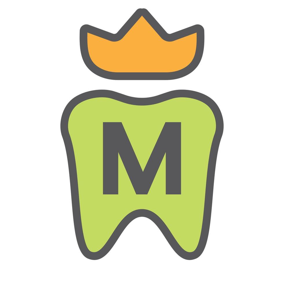 dental logotyp design på brev m krona symbol. dental vård logotyp tecken, klinik tand kung logotyp design med lyx vektor mall