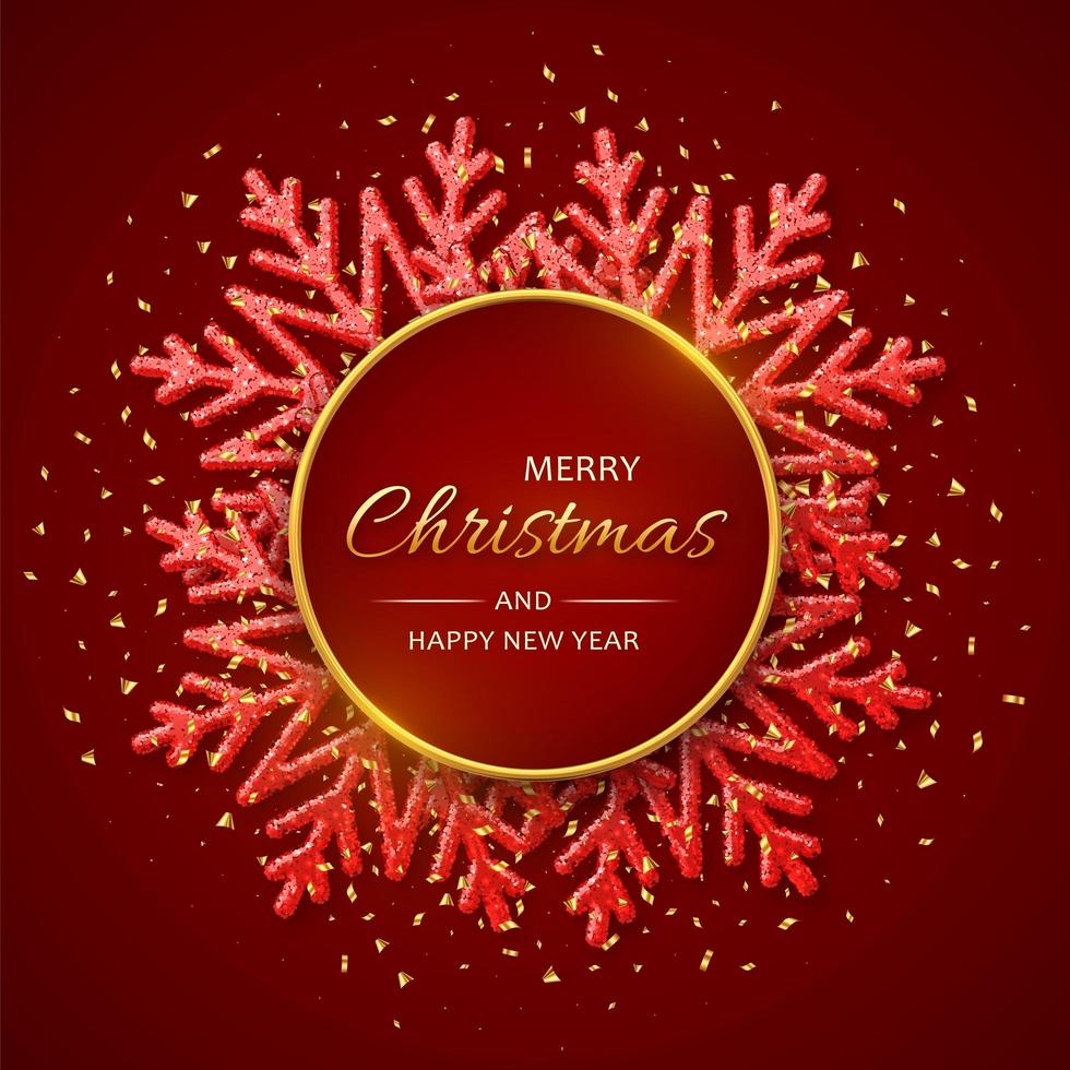 jul röd bakgrund med glänsande snöflingor. god jul gratulationskort. semester xmas och nyår affisch, webb banner. vektor