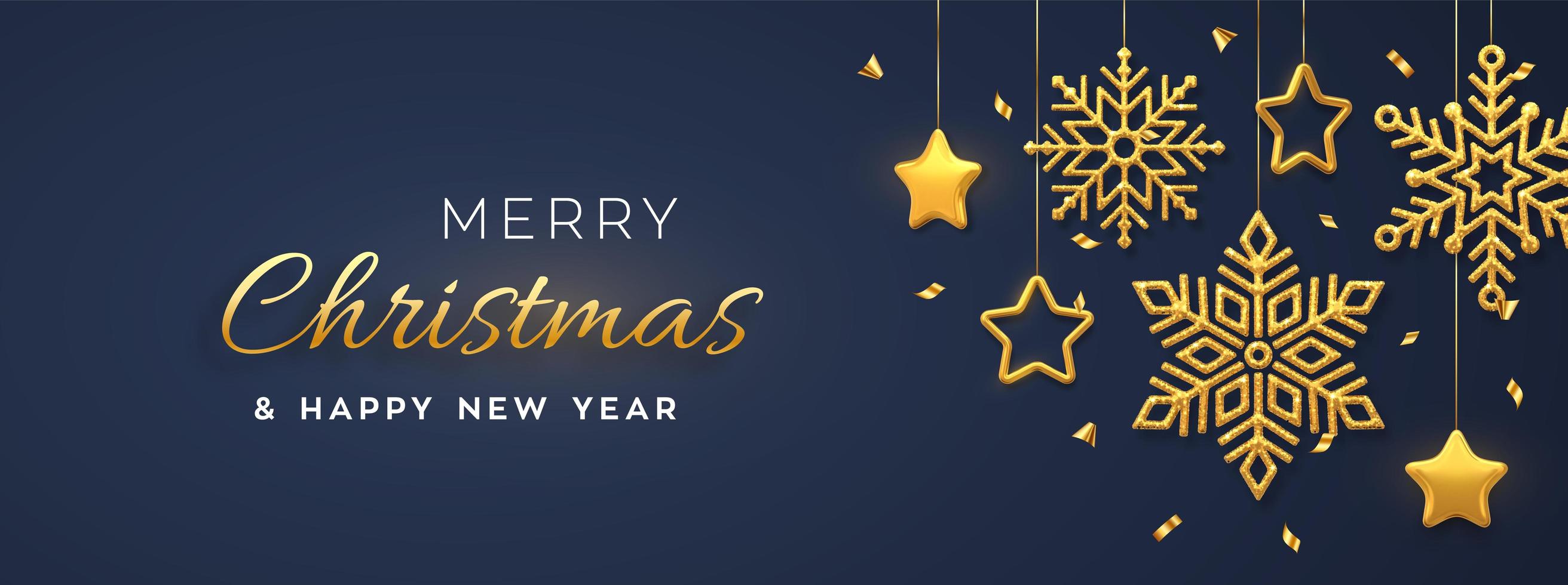 Weihnachtsblauer Hintergrund mit hängenden glänzenden goldenen Schneeflocken und metallischen 3D-Sternen. Frohe Weihnachten Grußkarte. Weihnachts- und Neujahrsplakat, Web-Banner. vektor