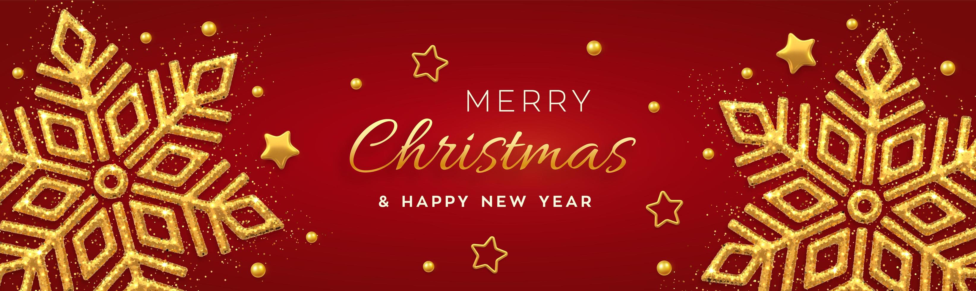 jul röd bakgrund med glänsande gyllene snöflingor, guldstjärnor och pärlor. god jul gratulationskort. semester xmas och nyår affisch, webb banner. vektor