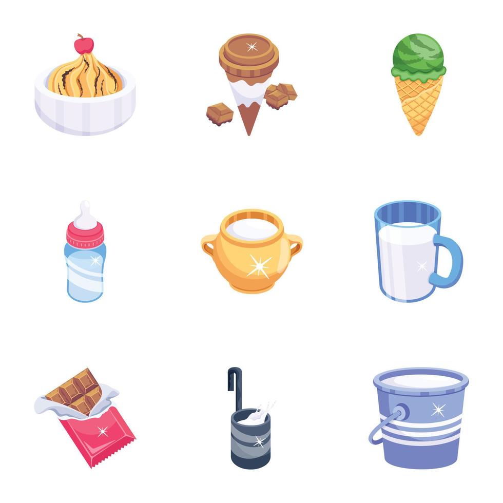 trendig 2d ikoner av mejeri livsmedel och drycker vektor