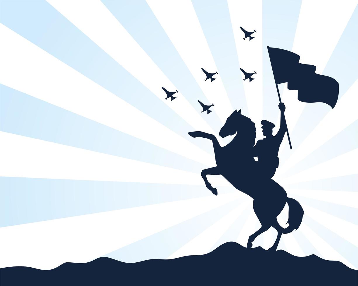 silhouettierter Militärsoldat, der Flagge auf Pferd schwenkt vektor