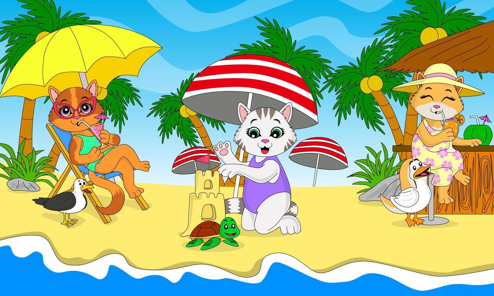illustration av en samling av katter spelar på de strand, dricka juice och byggnad sand slott, bra för barns berättelse böcker, affischer, klistermärken, webbplatser, spel, utskrift och Mer vektor