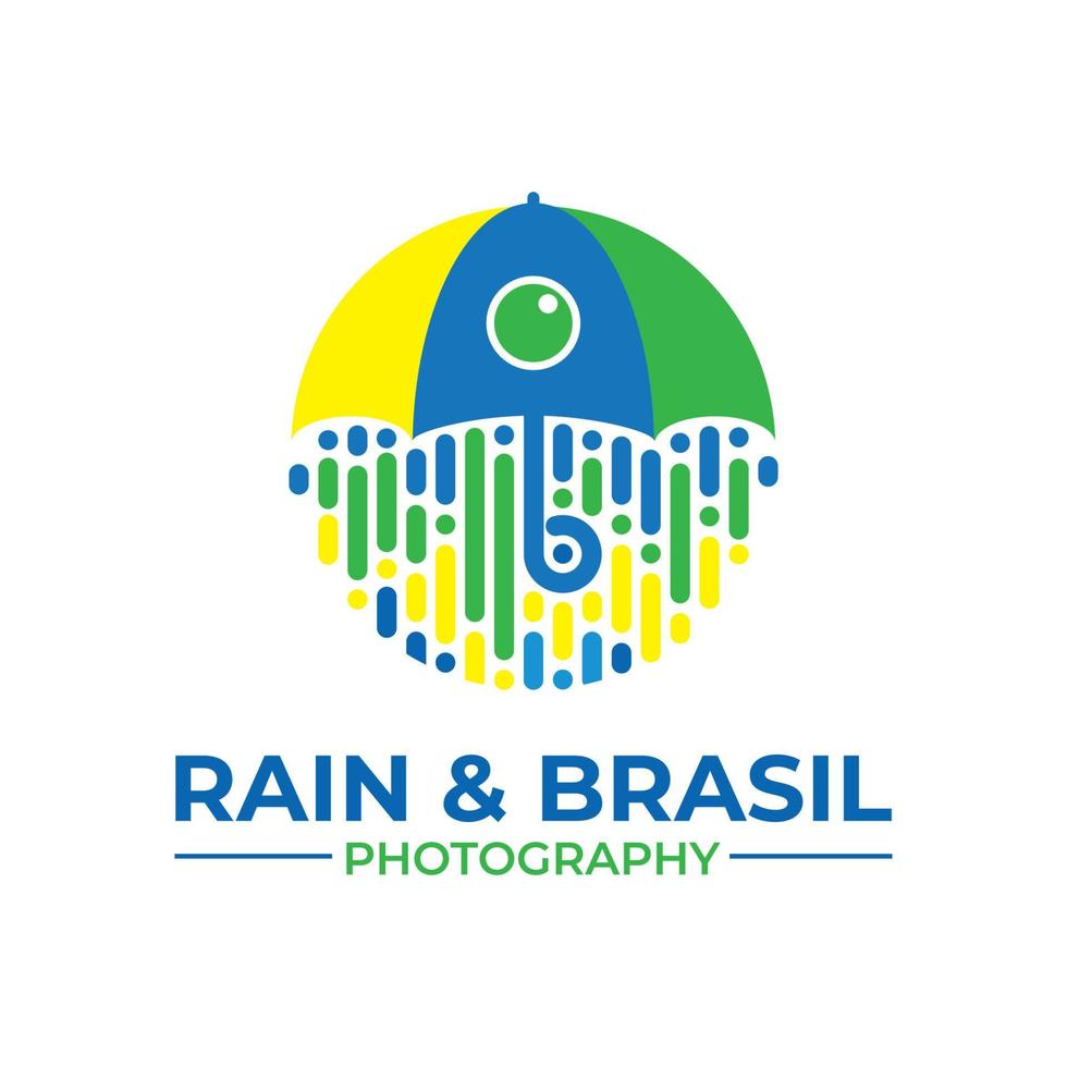 regen und bürger von brasilien fotografielogo, regenschirm und linsenauge in den farben grün, gelb und blau. minimalistisches Illustrationsdesign vektor