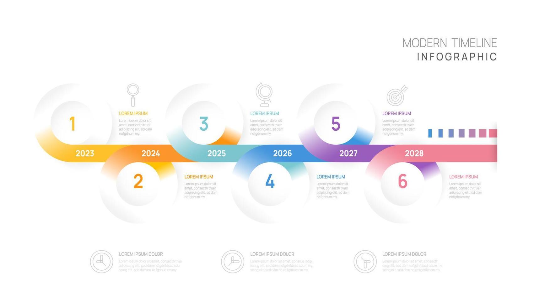 Infografik-Timeline-Diagrammvorlage für Unternehmen. 6 Schritte moderne Roadmap mit Kreisthemen, für Vektorinfografiken, Flussdiagramme, Präsentationen. vektor