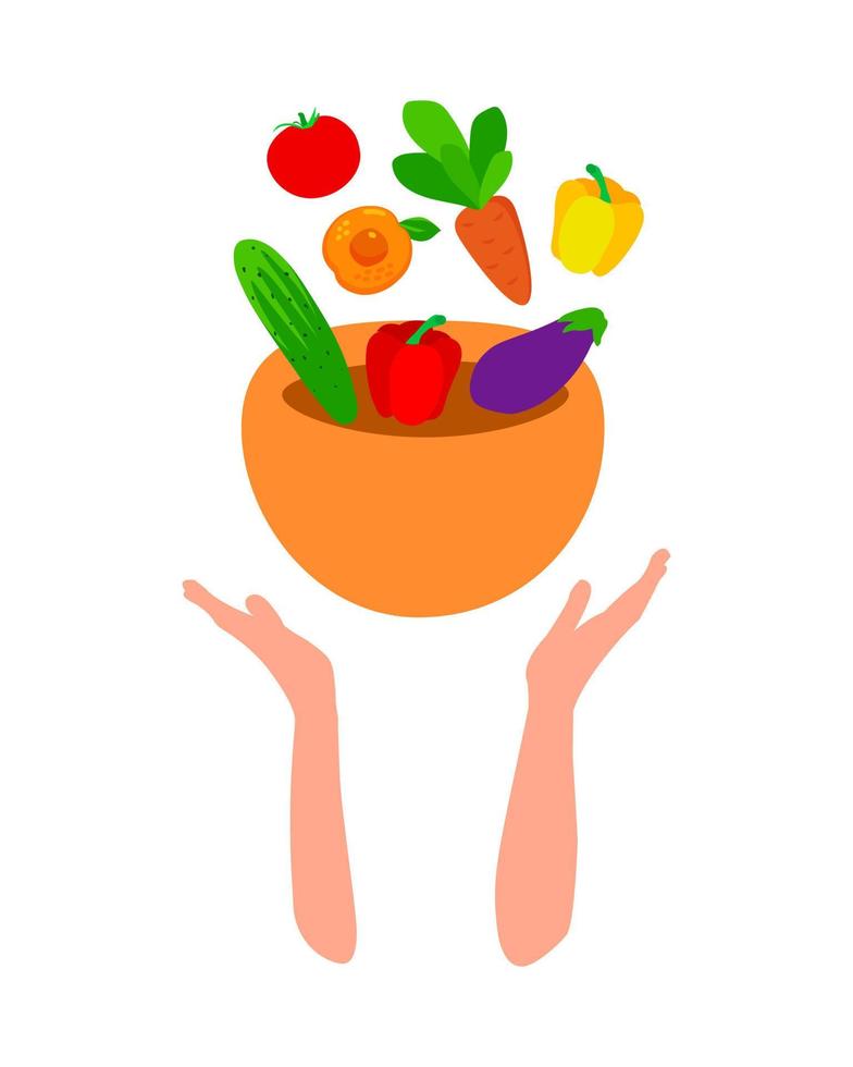 händer innehav en tallrik med friska mat. bruka organisk grönsaker. friska äter begrepp. vektor illustration.