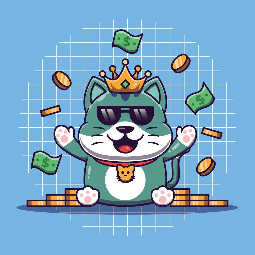 rik söt katt med massor av mynt och pengar runt om den tecknad serie vektor illustration
