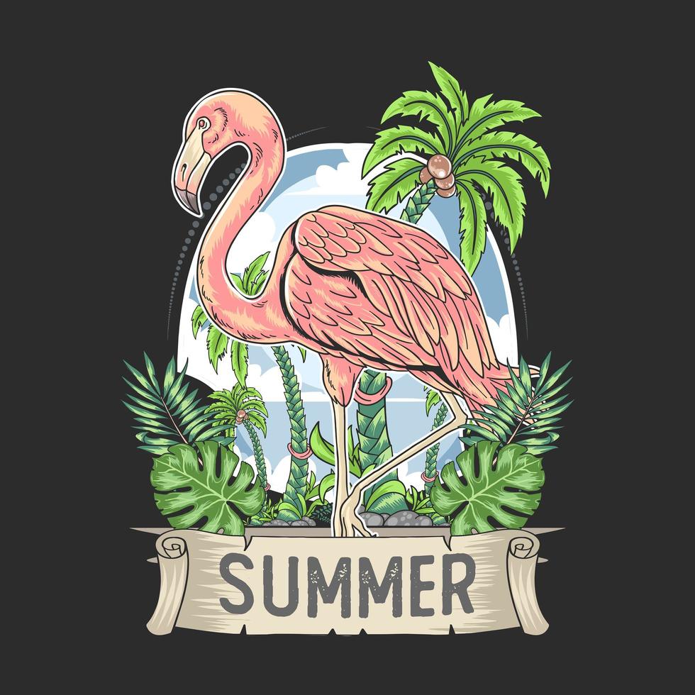 flamingo sommardesign med naturlöv och kokosnötträd vektor