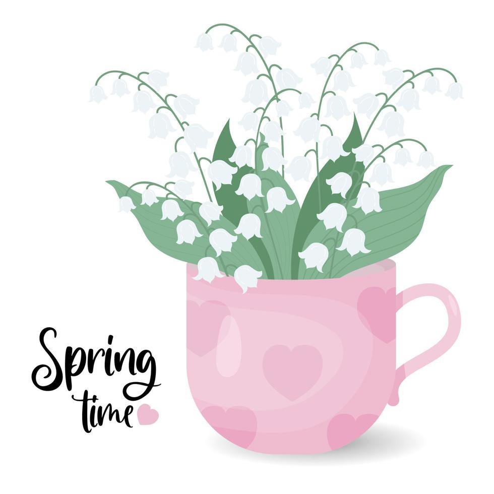 blumenstrauß frühlingsblumen von maiglöckchen in der tasse. Frühlingszeitplakat. vektorillustration für design, postkarten, dekor und dekoration, druck. vektor