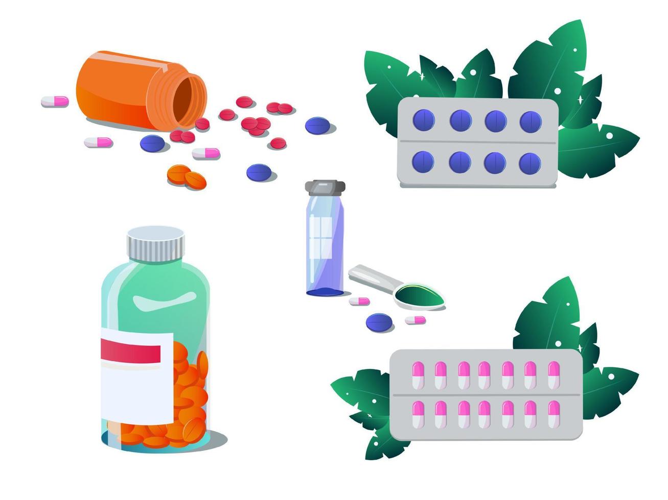uppsättning av vektor piller och kapslar. tabletter i blåsor, smärtstillande medicin, antibiotika, vitaminer och aspirin, traditionell medicin. apotek och läkemedel symboler. medicinsk illustration på vit bakgrund.
