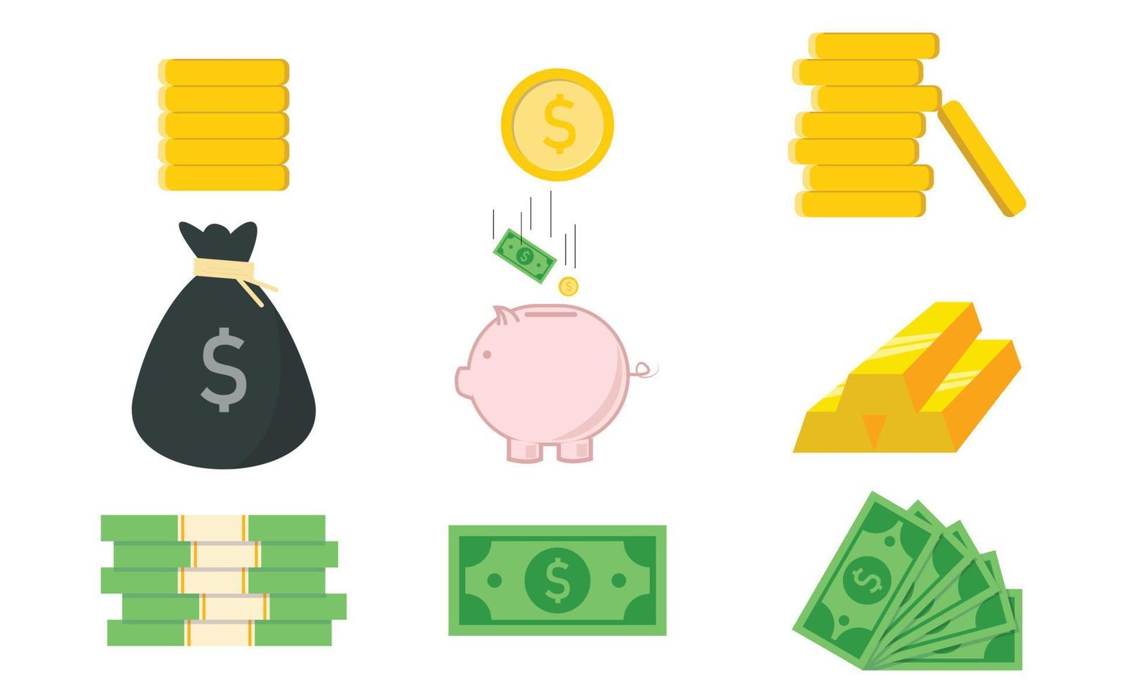 Geld-Icon-Investition, Münze, Sparschwein, Geld, eine Tüte Geld vektor