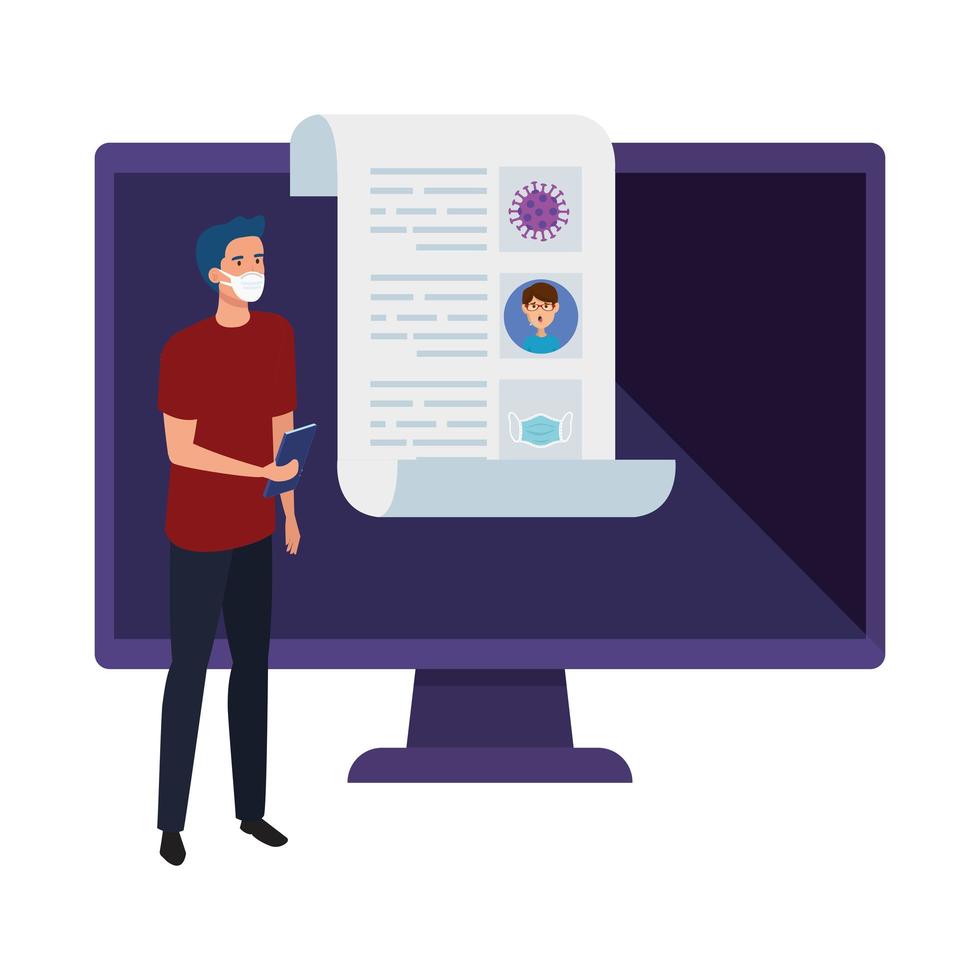 man söker covid 19 information online i datorn vektor