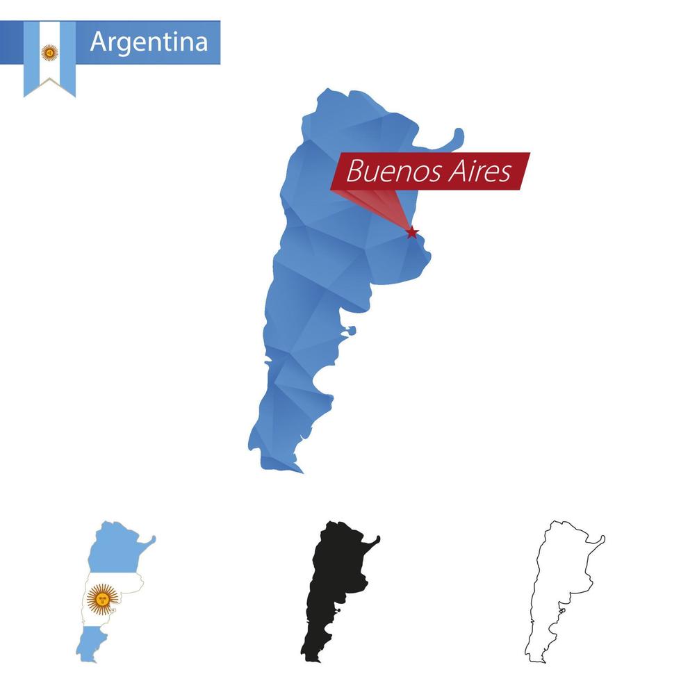 Argentinien blaue Low-Poly-Karte mit Hauptstadt Buenos Aires. vektor