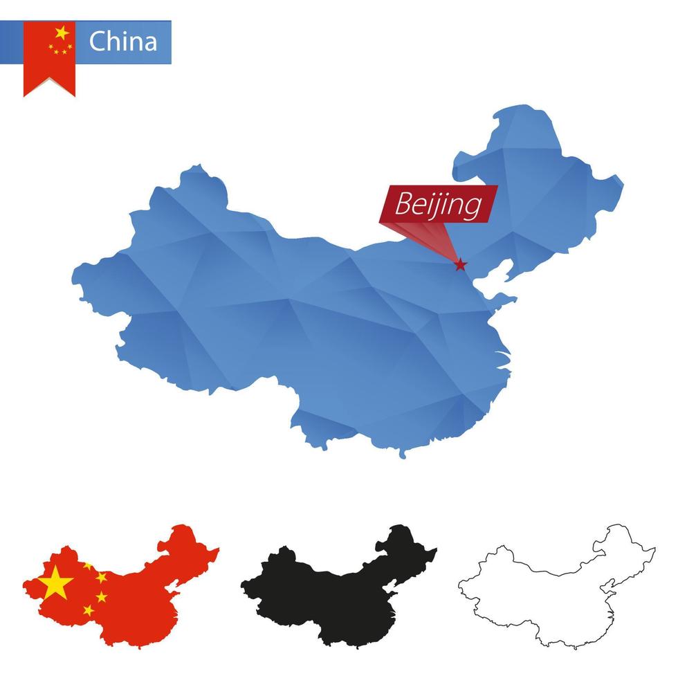 Kina blå låg poly Karta med huvudstad beijing. vektor