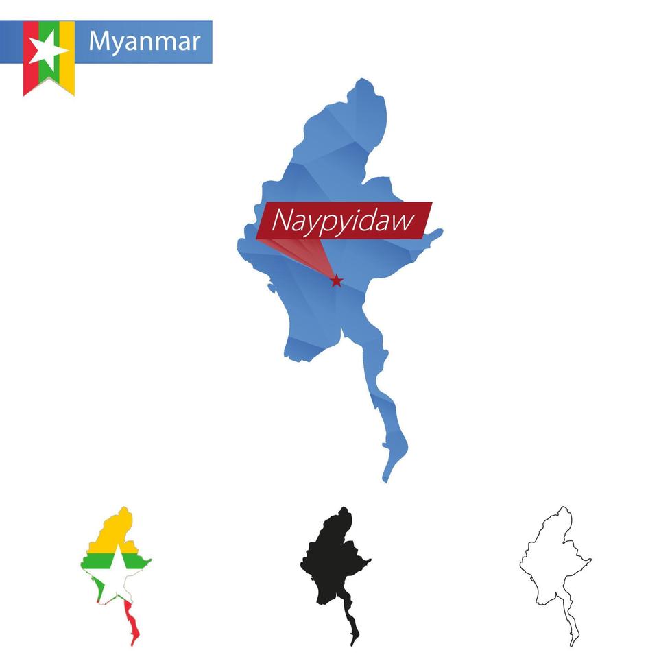 Myanmar blaue Low-Poly-Karte mit Hauptstadt Naypyidaw. vektor