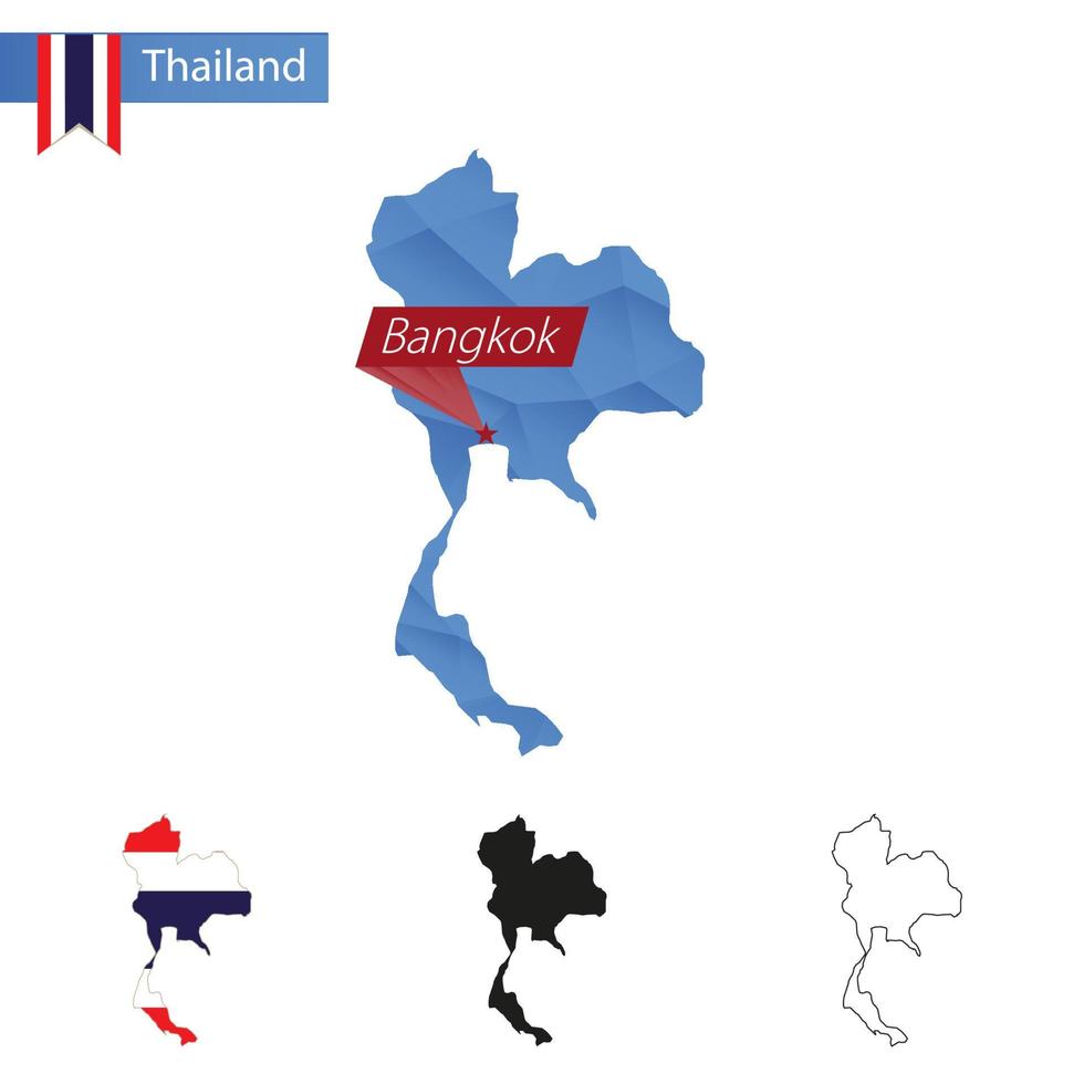 thailand blå låg poly Karta med huvudstad bangkok. vektor