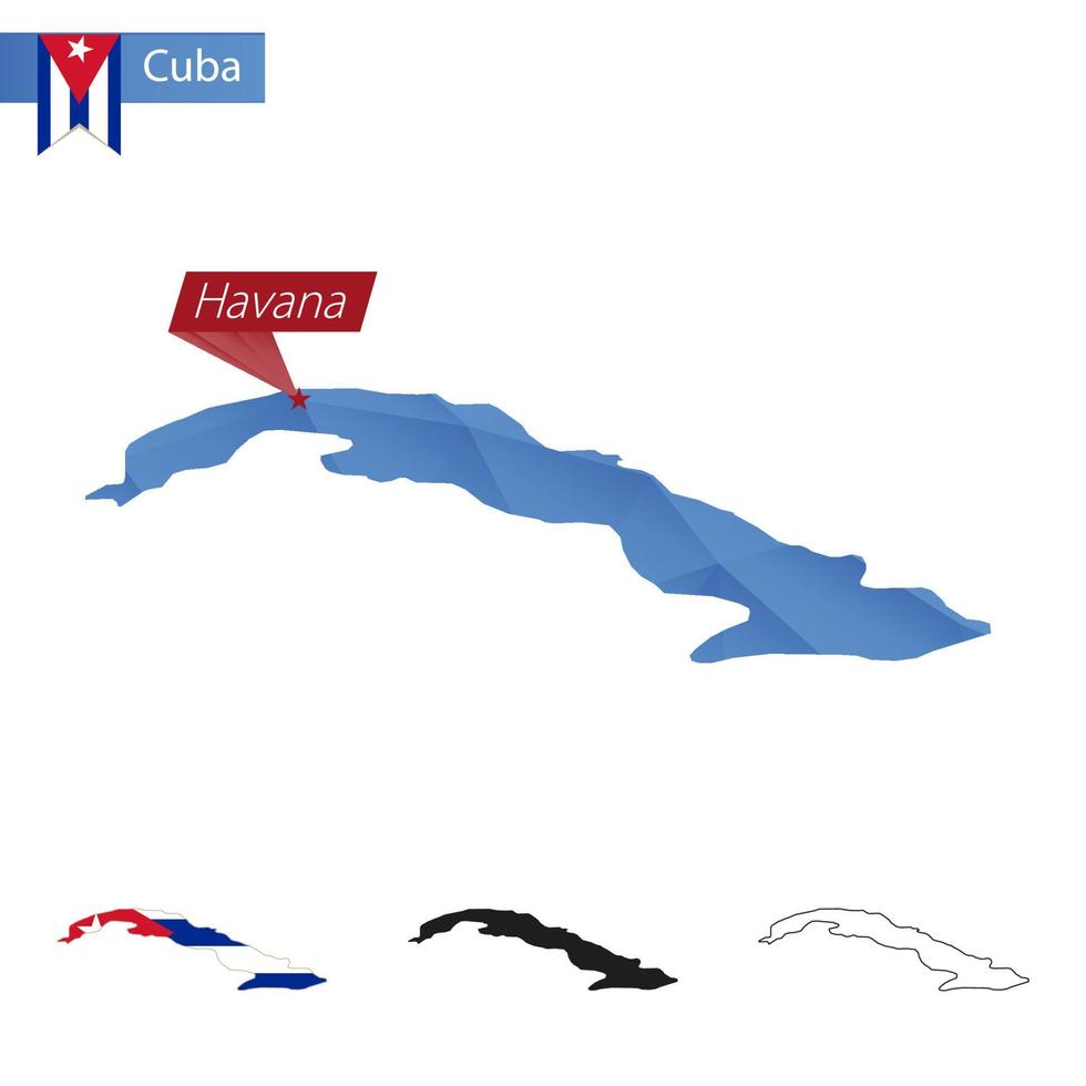Kubablaue Low-Poly-Karte mit Hauptstadt Havanna. vektor