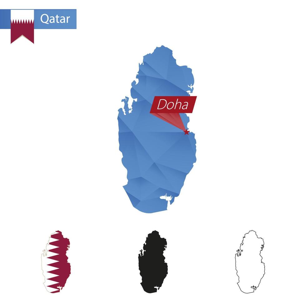 Katar blaue Low-Poly-Karte mit Hauptstadt Doha. vektor