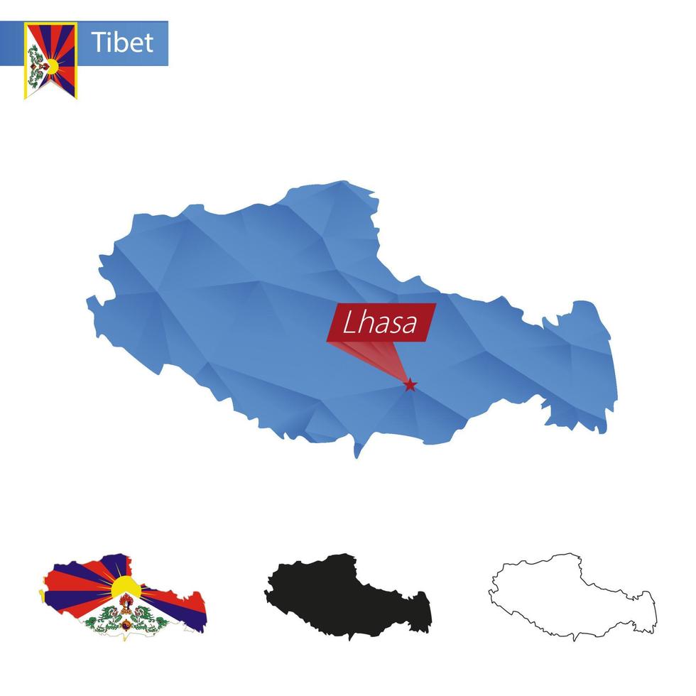 tibet blå låg poly Karta med huvudstad lhasa. vektor