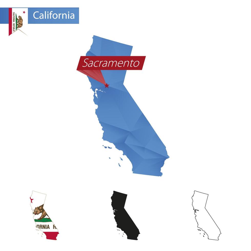 Bundesstaat Kalifornien blaue Low-Poly-Karte mit Hauptstadt Sacramento. vektor