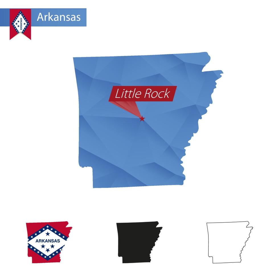 Bundesstaat Arkansas blaue Low-Poly-Karte mit kleinem Hauptfelsen. vektor