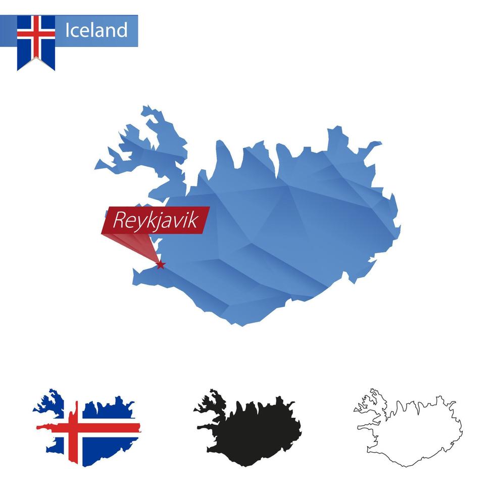 island blå låg poly Karta med huvudstad reykjavik. vektor