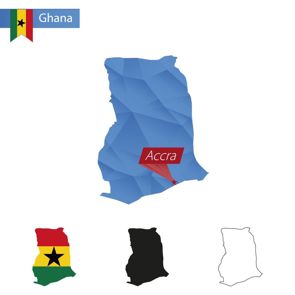 ghana blue low poly map mit hauptstadt accra. vektor