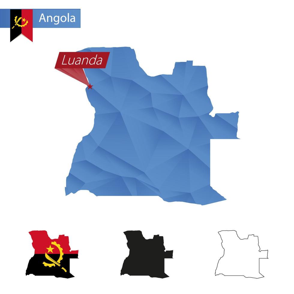 angolablaue Low-Poly-Karte mit Hauptstadt Luanda. vektor