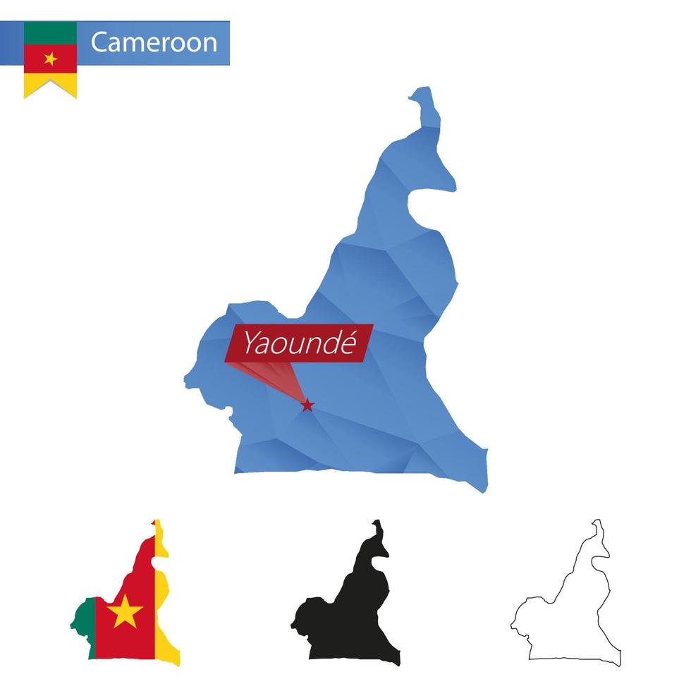 cameroon blå låg poly Karta med huvudstad yaounde. vektor