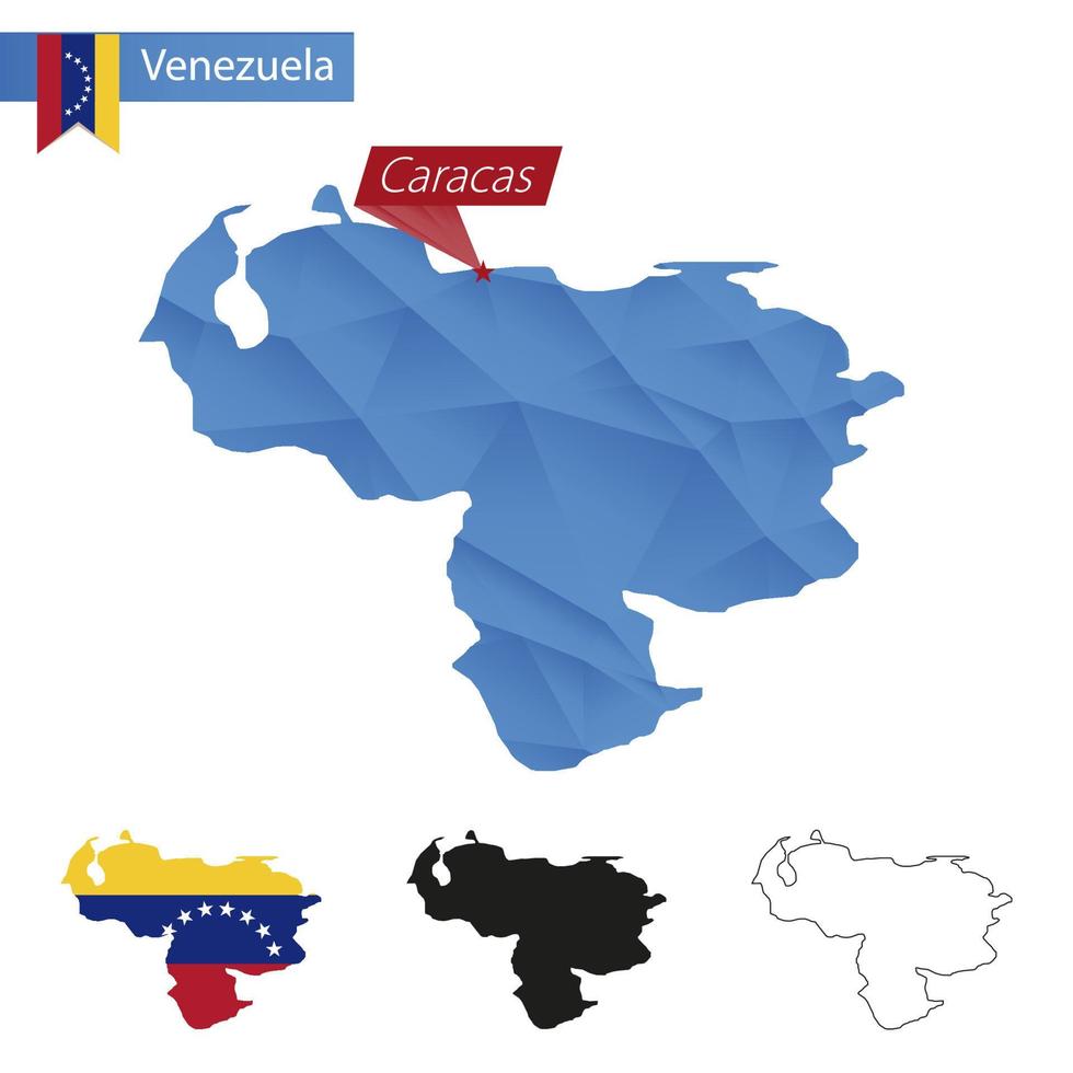 venezuela blå låg poly Karta med huvudstad caracas. vektor
