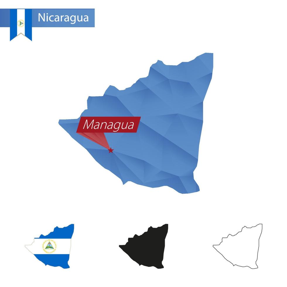 nicaragua blå låg poly Karta med huvudstad managua. vektor