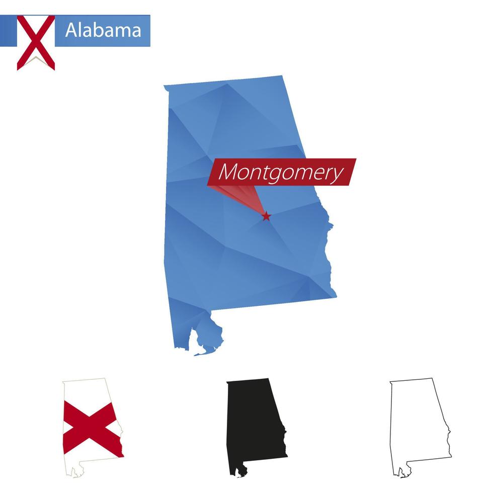 Bundesstaat Alabama blaue Low-Poly-Karte mit Hauptstadt Montgomery. vektor
