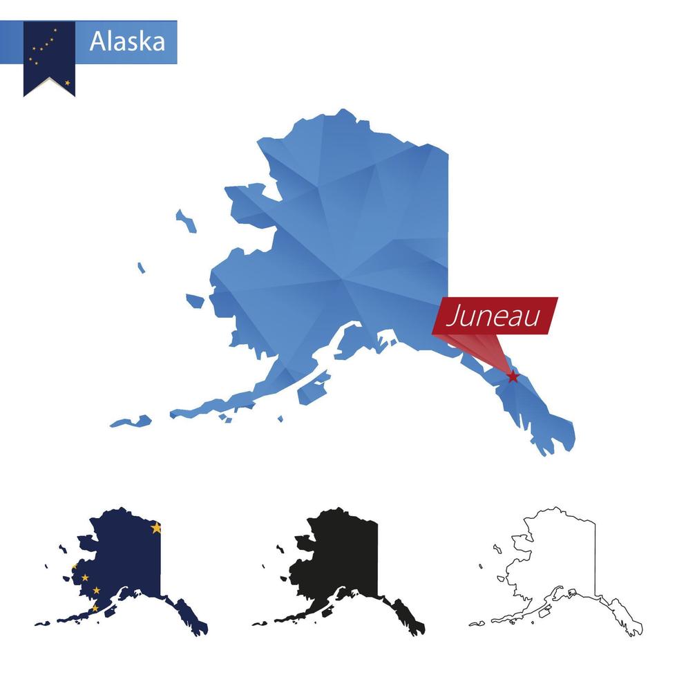 stat av alaska blå låg poly Karta med huvudstad juniau. vektor