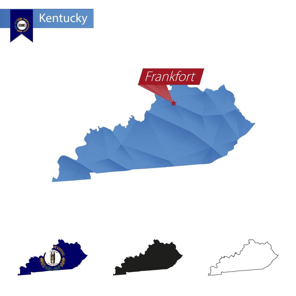 stat av kentucky blå låg poly Karta med huvudstad frankfort. vektor