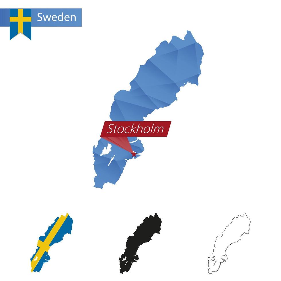 Sverige blå låg poly Karta med huvudstad stockholm. vektor