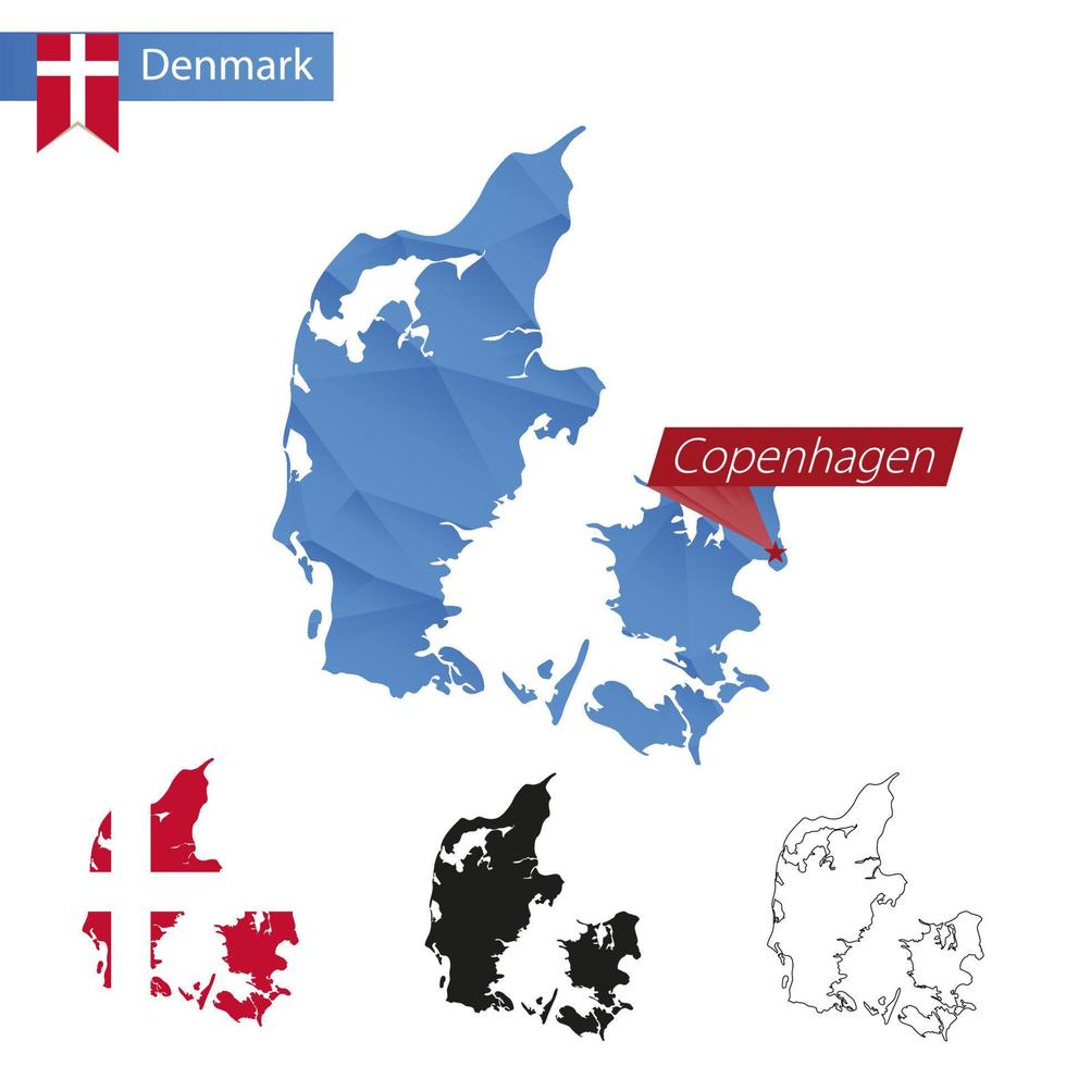Dänemark blaue Low-Poly-Karte mit Hauptstadt Kopenhagen. vektor