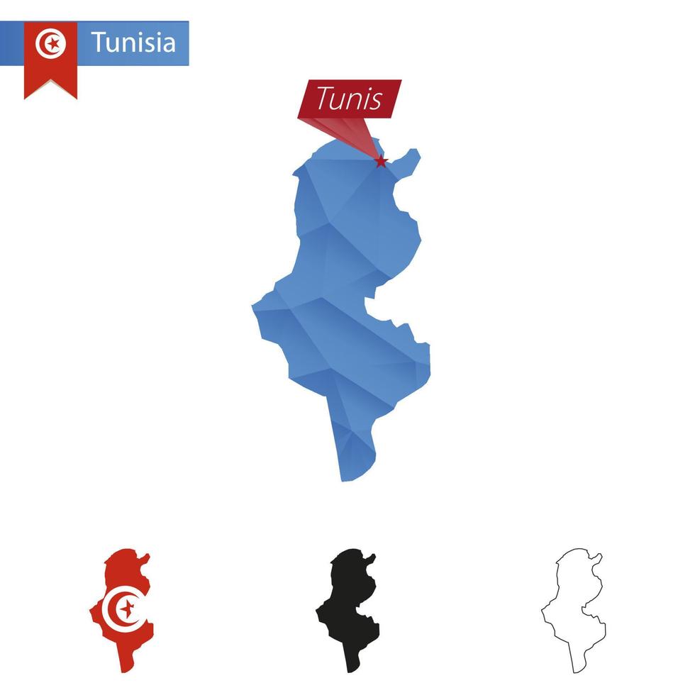 tunisien blå låg poly Karta med huvudstad tunis. vektor