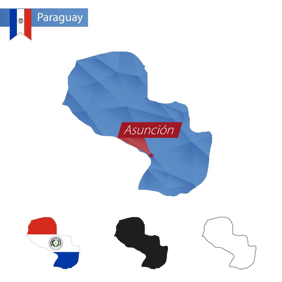 paraguay blå låg poly Karta med huvudstad asuncion. vektor