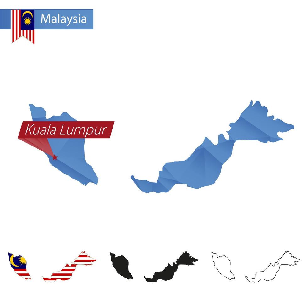 Malaysia blaue Low-Poly-Karte mit Hauptstadt Kuala Lumpur. vektor