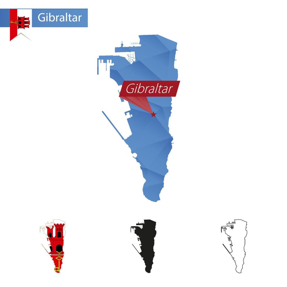 gibraltar blå låg poly Karta med huvudstad. vektor