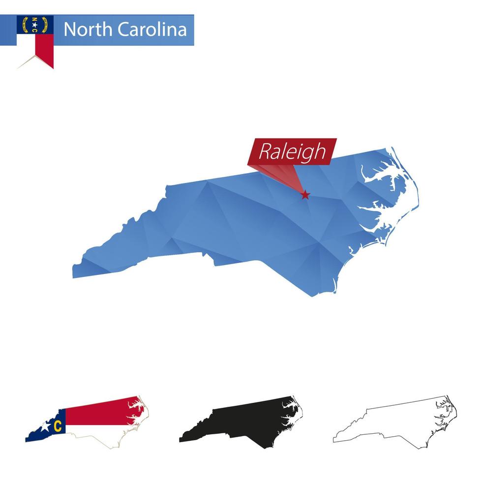 Bundesstaat North Carolina blaue Low-Poly-Karte mit Hauptstadt Raleigh. vektor