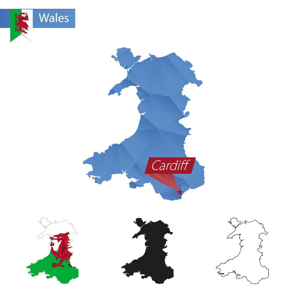 wales blaue Low-Poly-Karte mit Hauptstadt Cardiff. vektor