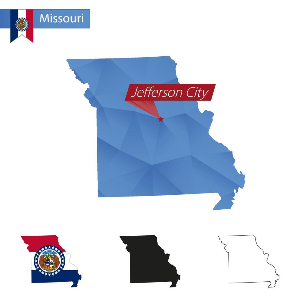 stat av missouri blå låg poly Karta med huvudstad Jefferson stad. vektor
