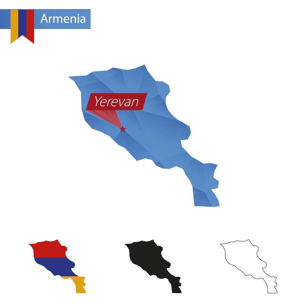 armenia blå låg poly Karta med huvudstad yerevan. vektor