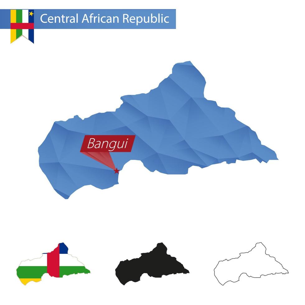 central afrikansk republik blå låg poly Karta med huvudstad bangui. vektor